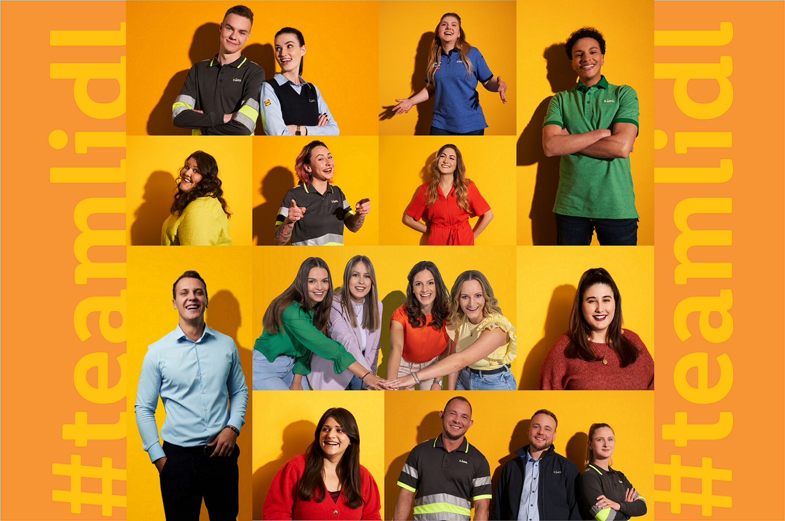 Various pictures of Lidl employees in yellow
